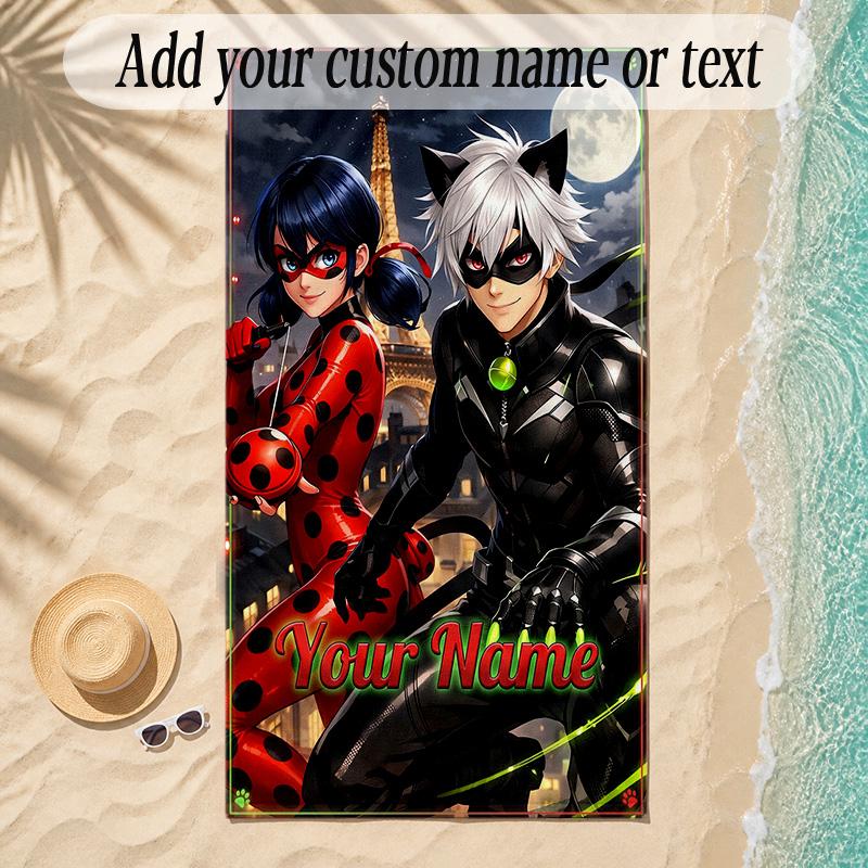Beach TowelMiraculous Ladybug Custom Name Text Personalized Soft Towel for Beach Pool Indoor Home Decor Gift