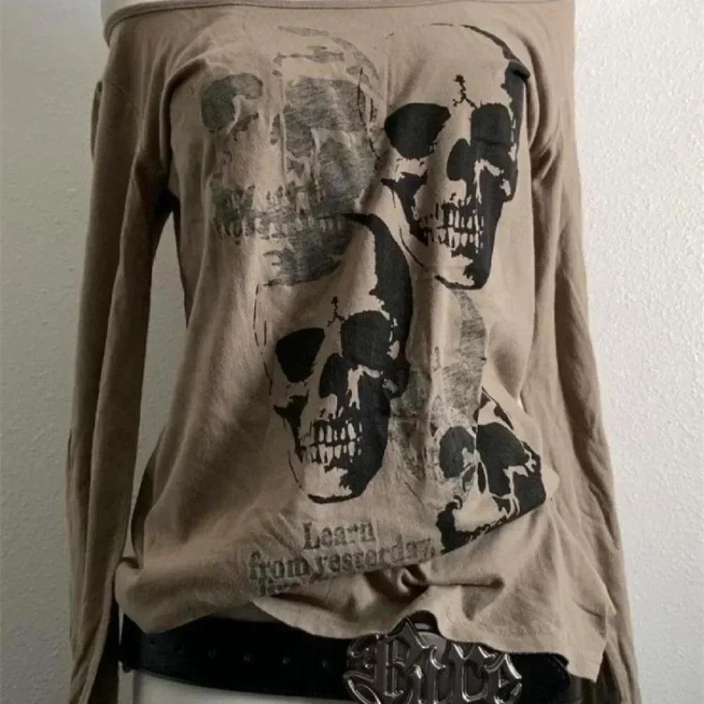 Spring Vintage Slim Spice Women Skeleton Print Shirt Goth Loose Harajuku Tops