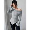 Women Solid Off Shoulder Slim Fit Ribbed Knit Long Sleeve Commute Bottoming Top