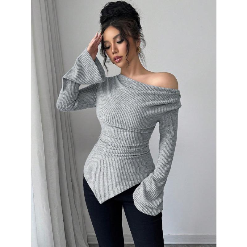 Women Solid Off Shoulder Slim Fit Ribbed Knit Long Sleeve Commute Bottoming Top
