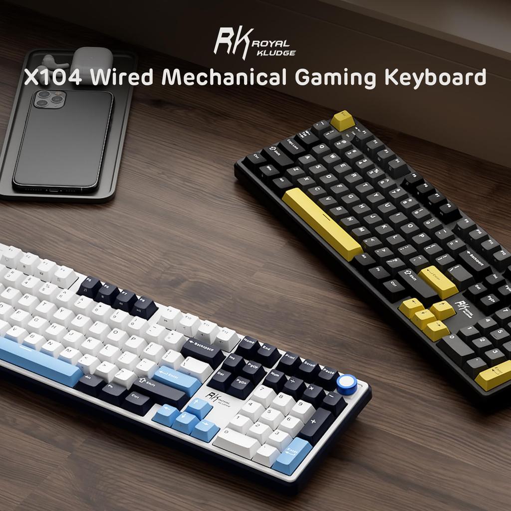 RK ROYAL KLUDGE X104 Mechanical Wired Creamy Gaming Keyboard Numpad and 104 Linear RGB Online Software for US QWERTY Full-Size Keyboard, (with Knobs),