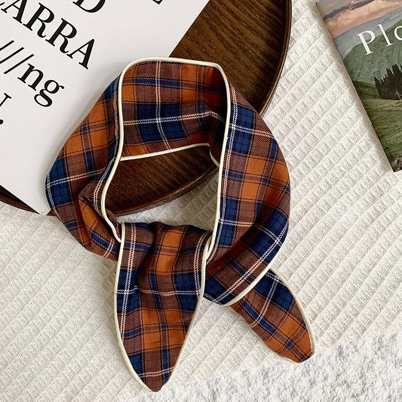 Headscarf Women's pastoral spring and summer fashion colorful retro plaid fabric headband pure cotton silk scarf decorative small scarf
