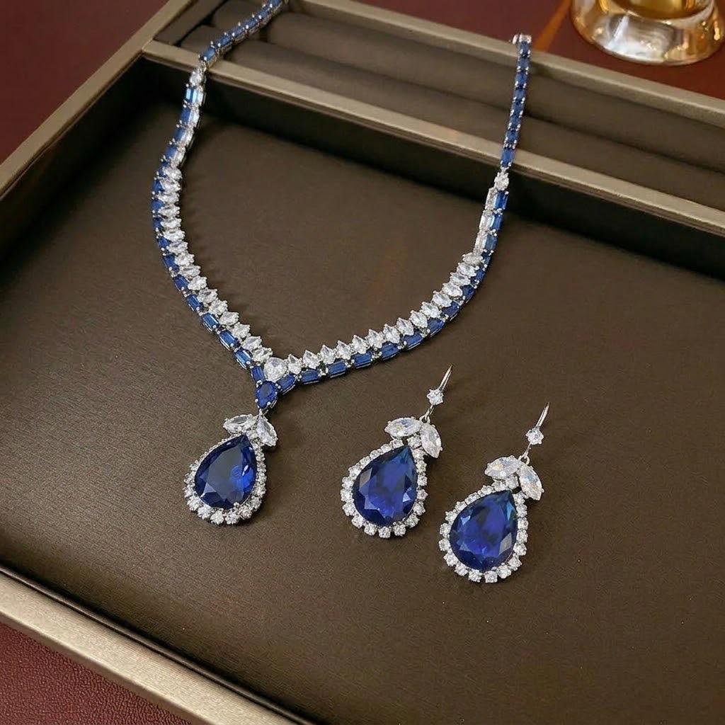 Trendy Blue Water Drop Zircon Earrings & Necklace Set