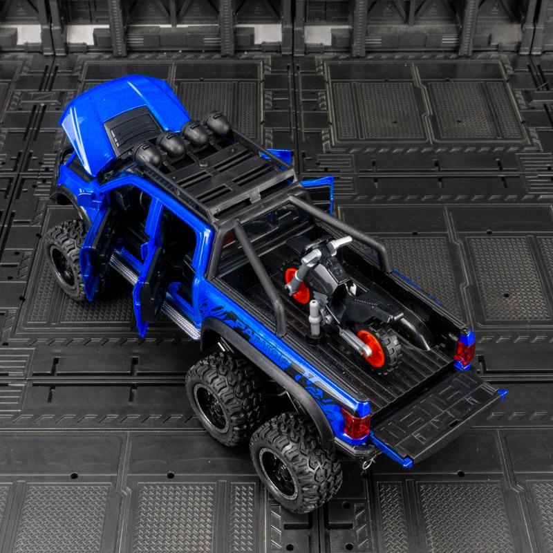Simülasyon F150 Motosikletli Alaşım Araba Modeli Altı Tekerlekli Arazi Aracı Sesli ve Işıklı Geri Çekmeli Oyuncak