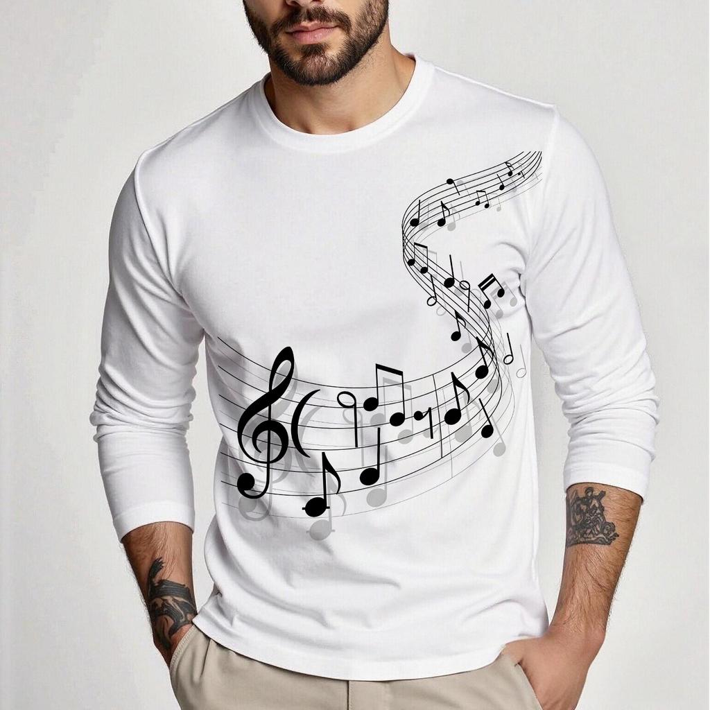 Spring and Autumn Men's Long Sleeve Round Neck T-shirt Musical Note Print Comfortable All-match Men's Thin Top