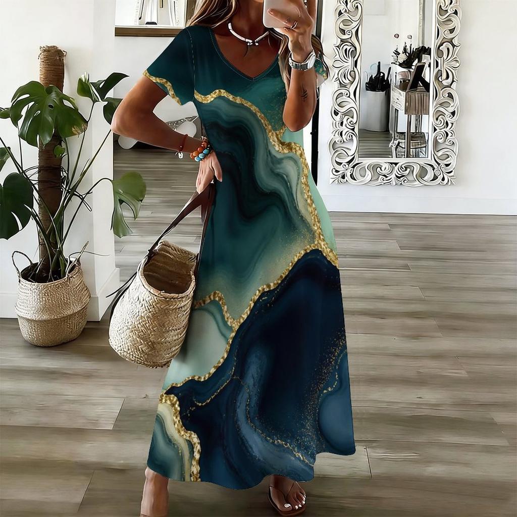 Women Plus Size V Neck Short Sleeve Printed Straight Maxi Dress