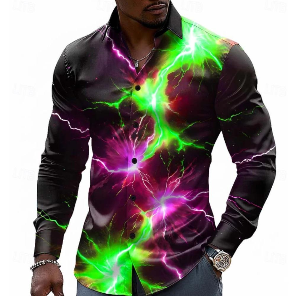 Camisas de manga larga con estampado de relámpagos para hombre, cárdigan informal, nuevas camisas de moda con botones para las fiestas
