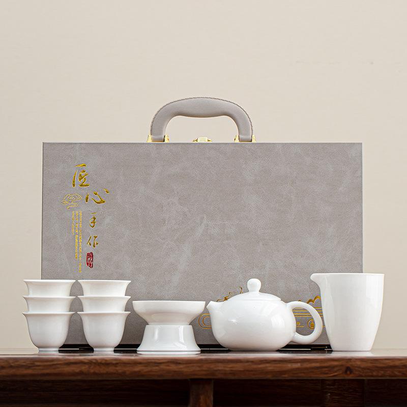 Suet jade tea set, kung fu set, white porcelain office household teapot cover bowl teacup