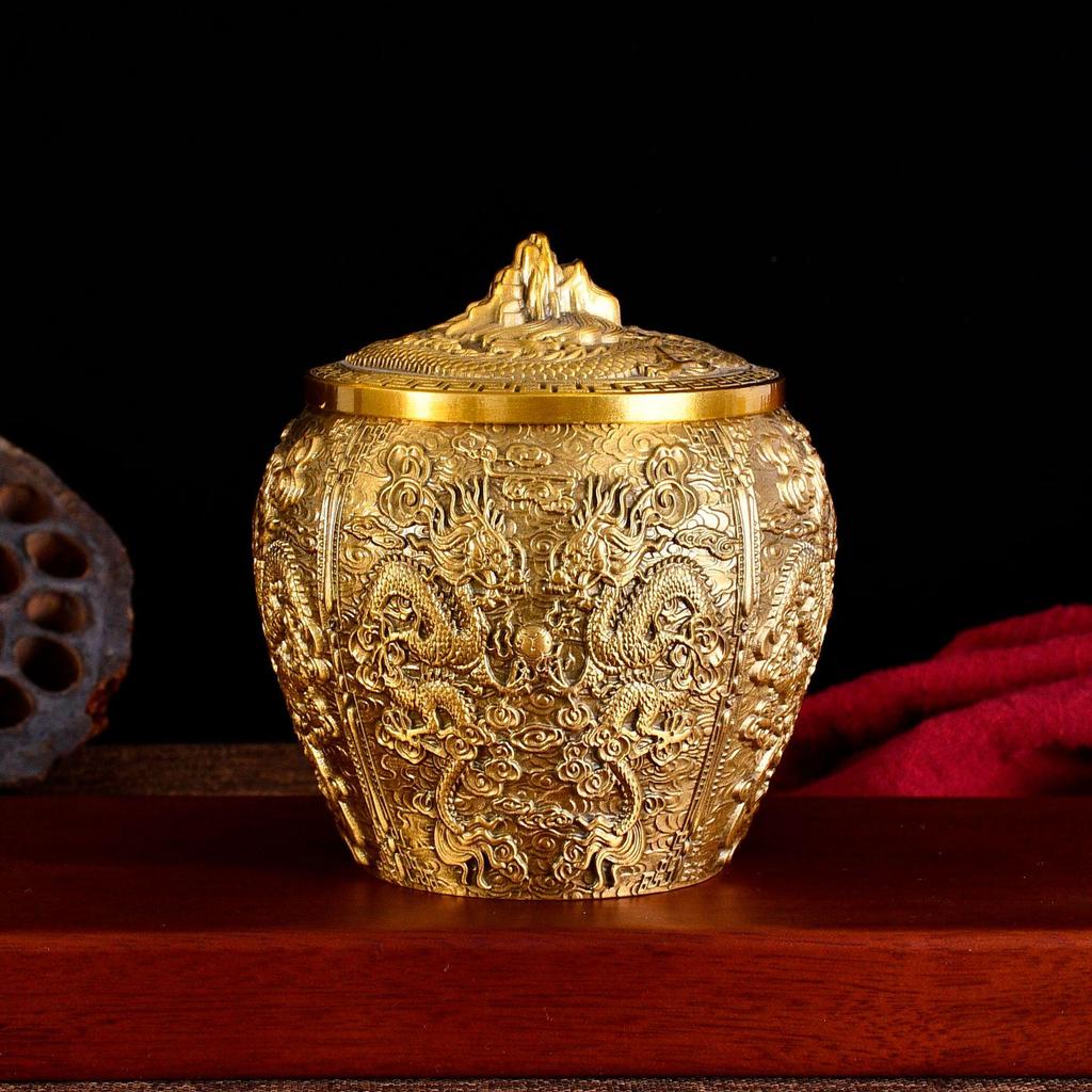 Kangqian Dragon & Phoenix Copper Tea Caddy - Dragon Head Storage Jar for Office Tea Ceremony