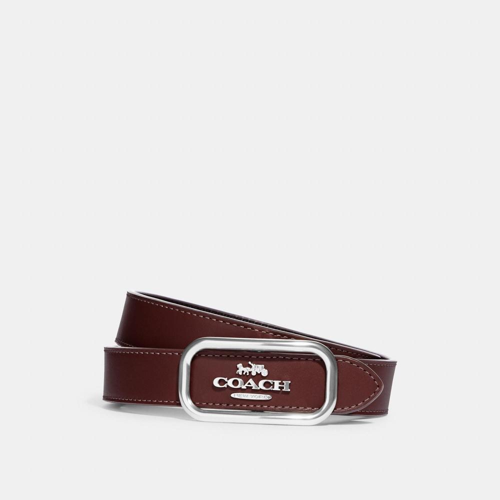 

Ремень Coach Morgan с прямоугольной пряжкой, 25 мм, серебро, винно-бычья кровь