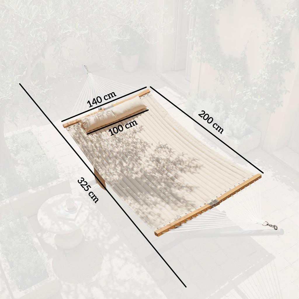Double Hammock 2 Person Swing Bed with Spreader Bars, Pillows, Pad, 200 x 140cm, Cream White