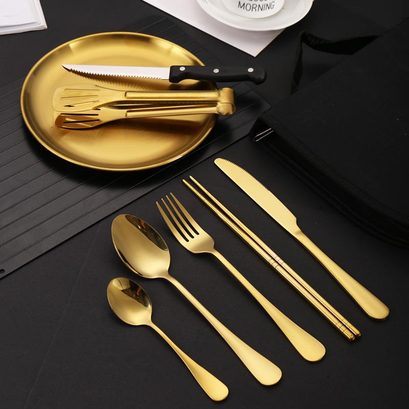 Outdoor stainless steel tableware set, portable travel camping 10-piece set, barbecue plate, food clip, knife, fork, spoon.