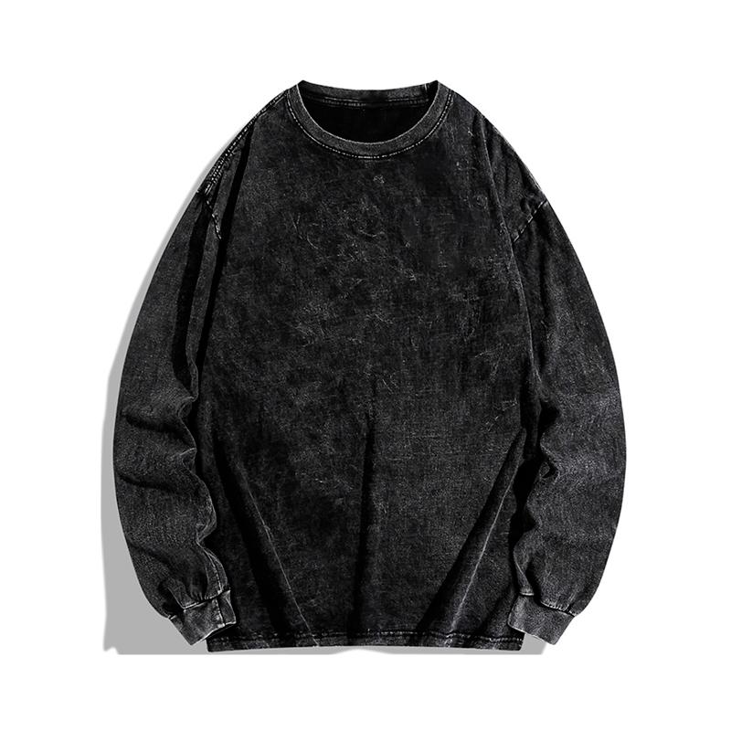 Men's Vintage Washed Cotton Long Sleeve Shirt with Round Neck