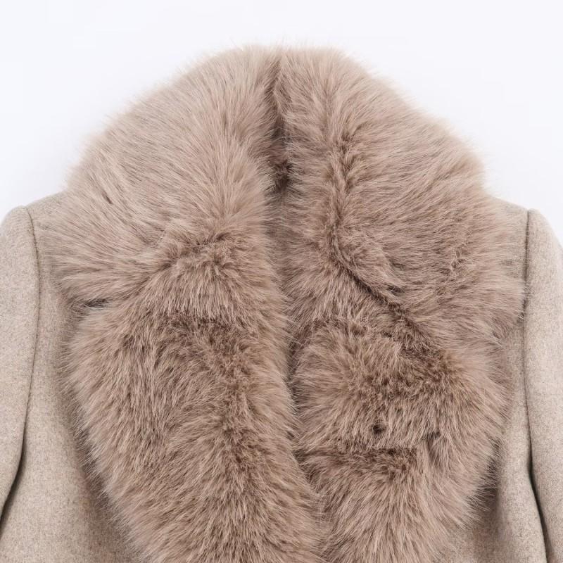 Langer Damenmantel aus Wollmischung mit Kunstpelzkragen und Bindegürtel Winter Streetwear