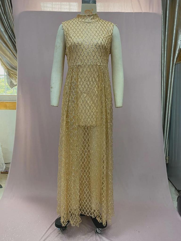 2025 European & American Women's V-Neck Gold Stamped Maxi Dress with Slit