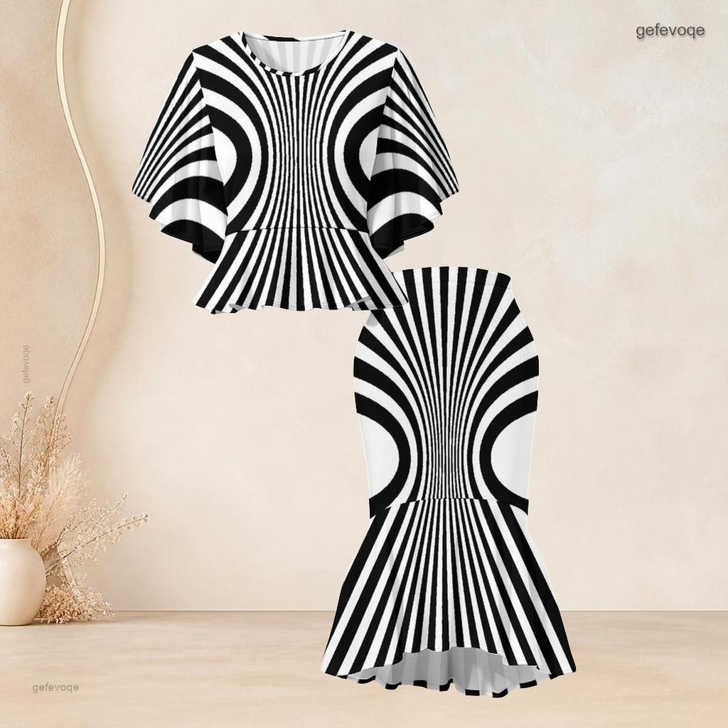 Women Plus Size Black Printed Round Neck Batwing Sleeve Ruffle Hem Top Fishtail Skirt Two Piece Set