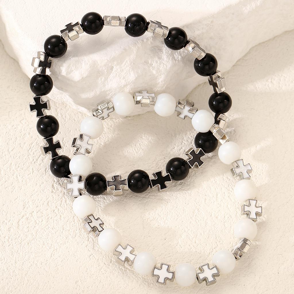 2Pcs Cross Beaded Bracelet Set For Men Women Fashion Black White Beaded Bracelet Trendy Punk Party Daily Wear Jewelry Gifts 2026