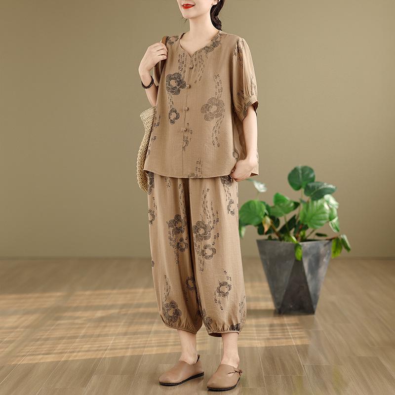 2026 Ethnic Style Tencel Linen Embroidery Women's Plus Size Summer Suit: Loose Slimming T-shirt + Pants Set