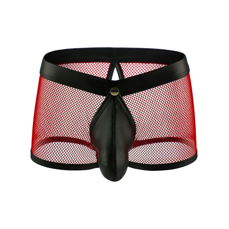 Sexy Men Faux Leather U Convex Pouch Boxers Mesh Sheer Open Crotch Cock Ring Breathable Underwear Gay Wear Plus Size F11