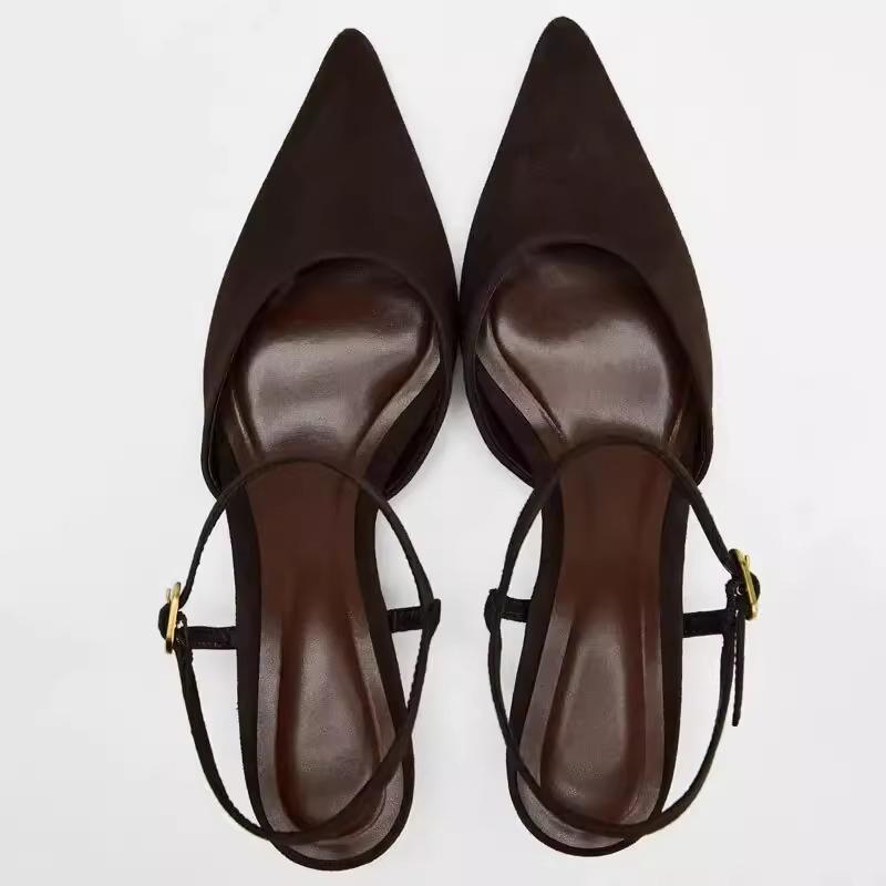 Brown Faux Suede Pointed Toe Pumps for Women Fashion Ankle Strap Kitten Heel Designer Shoes Unique Metal Buckle Slingback Shoes