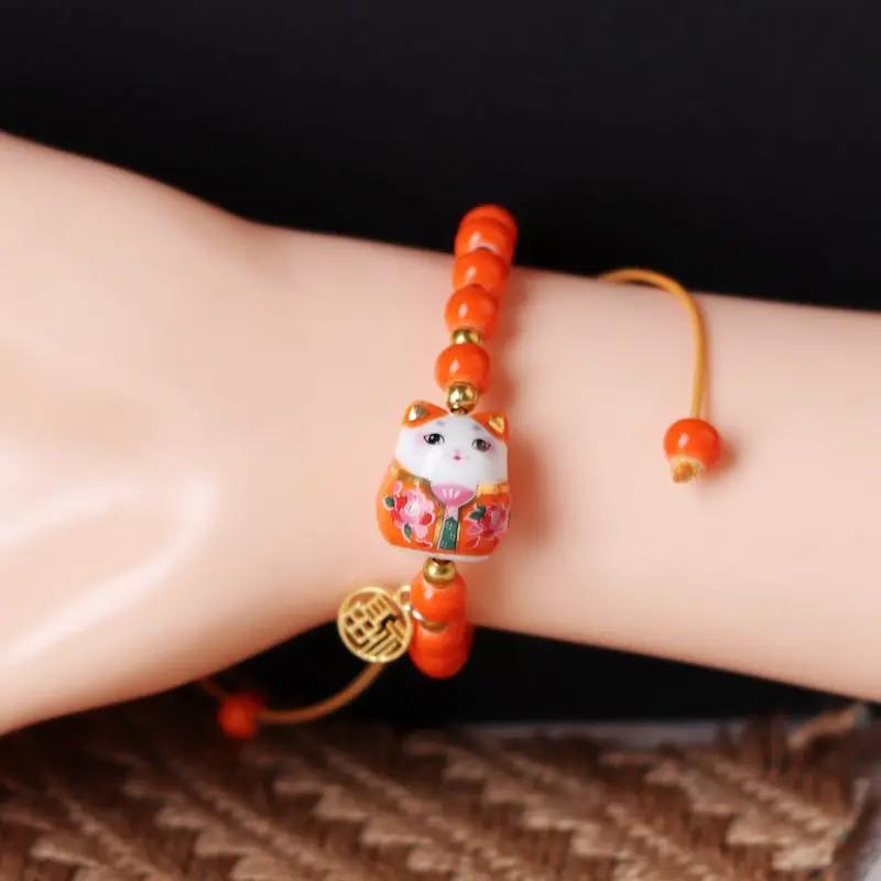 Chinese Style Cute Charm Sweet Cartoon Design Sense Ceramic Fortune Cat Fu Bracelet Originality Wish Men Women Trend String
