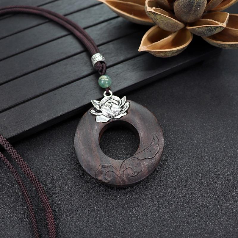 Retro Literary and Artistic Long Ebony Necklace Wooden Pendant Women's Simple Zen Sweater Chain Cotton and Linen Accessories