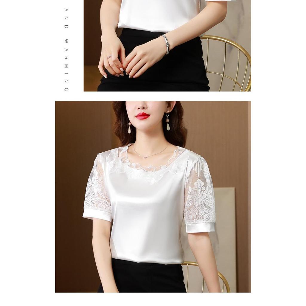Tricou de vară cu mânecă scurtă din dantelă patchwork pentru femei, cămașă de bază versatilă supradimensionată din satin, top cu design de nișă