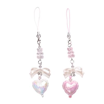  Pendentif de téléphone mignon nœud rose mignon lanières de téléphone nœud délicat cœur perlé lanière de téléphone décorations à suspendre