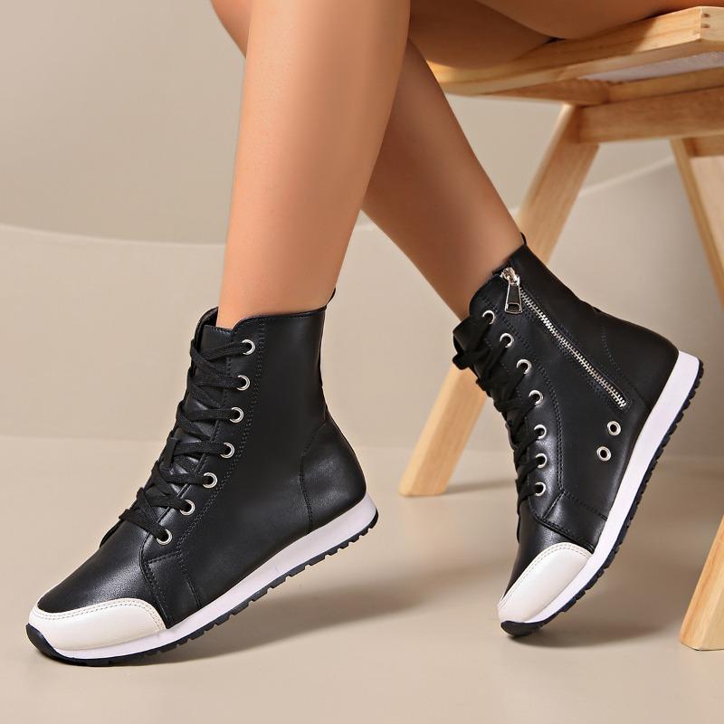 Fashion Women's Chic High-Top Boots with Side Zipper Lace-up Comfortable Fabric Lining Sneakers White Black Fashion High Gang Shoes