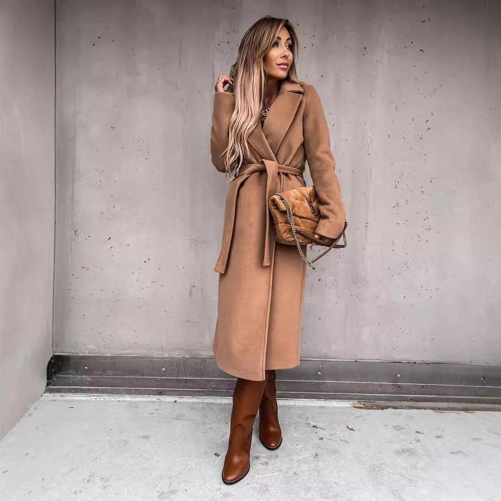 Women's Spring/Autumn Simple V-neck Wool Long Coat with Tie