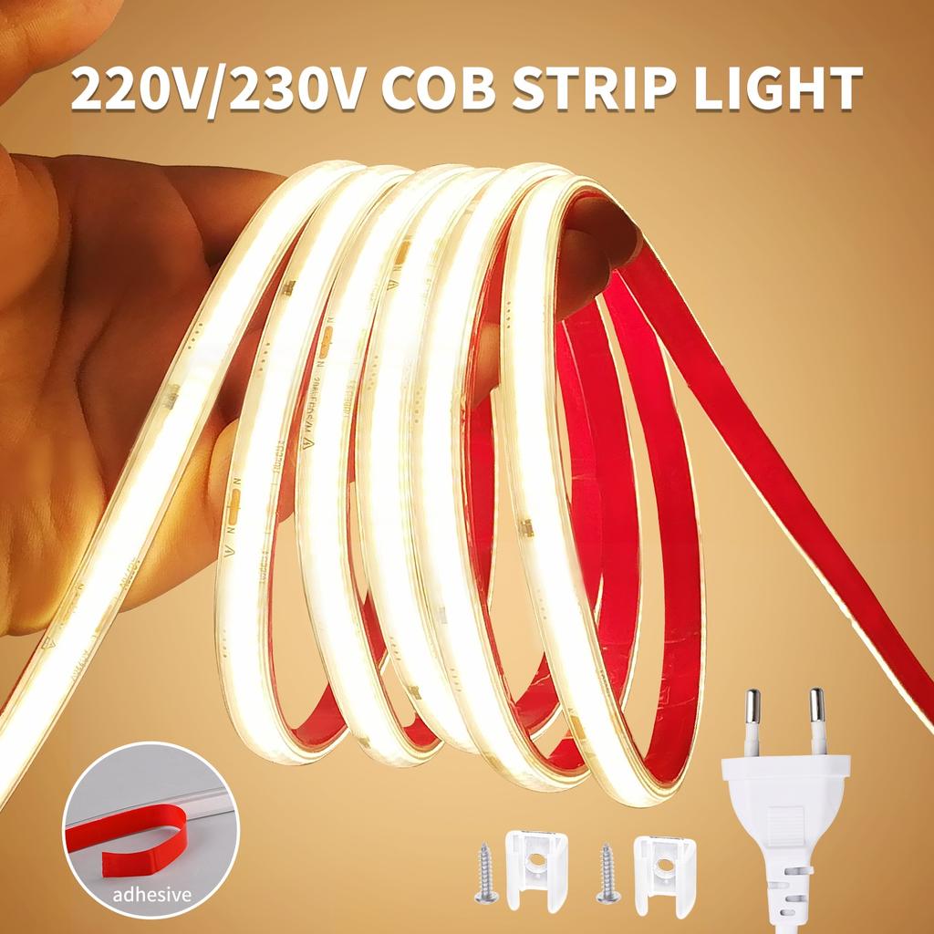 220V COB LED Strip Light 296 LEDs/m High Brightness Waterproof Flexible LED Tape Ribbon for Room Kitchen Outdoor Lighting 230V