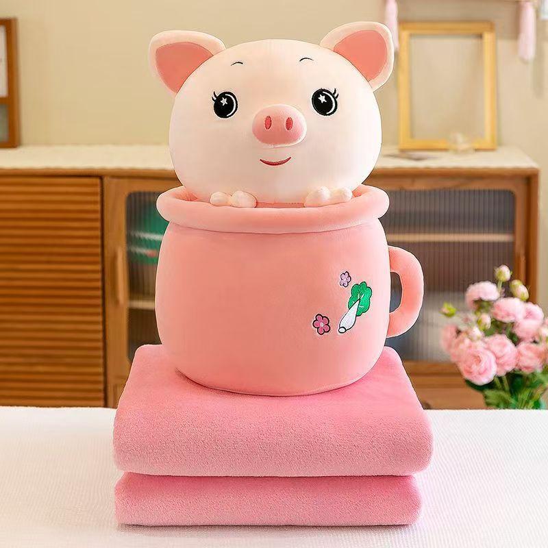 New Milk Tea Cup Piggy Throw Pillow Summer Plush Toy Air Conditioner with Blanket Doll Bed Dormitory Doll
