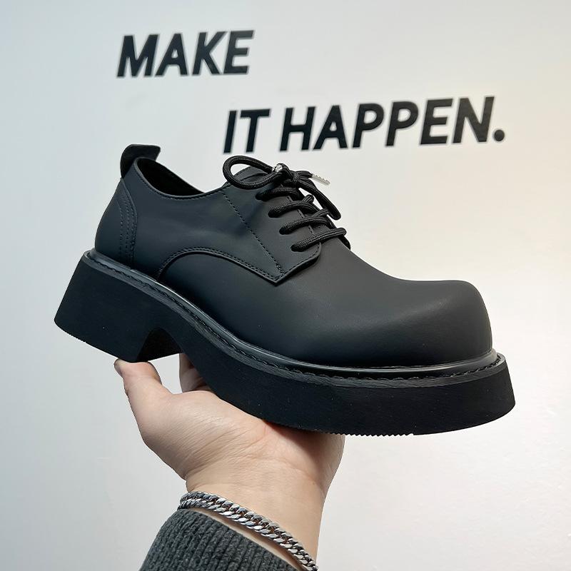 New Men's Black Casual Leather Shoes Big Head Mickey Derby Niche Low-top Thick-soled Heightening Men's Shoes 3208-A