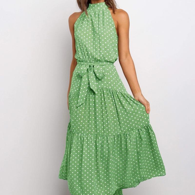 Sexy Neck-mounted Dot Beach Dress For Holiday Summer Casual Sleeveless Floral Printed Long Dress Women Fashion Robe Femme 25765