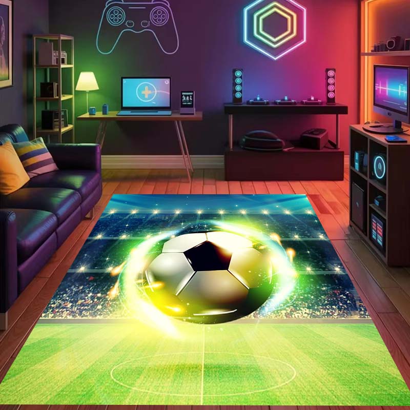Flame-lit 3D Soccer Ball Rug, Gaming Room Mat for Boys' Bedrooms, Cool and Unique Non-slip Mat for Bedside Use.