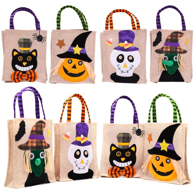 Linen Halloween Gift Bags Cartoon Pumpkin Ghost Witch Gift Candy Bag Trick or Treat Pouch 2026 Halloween Decoration