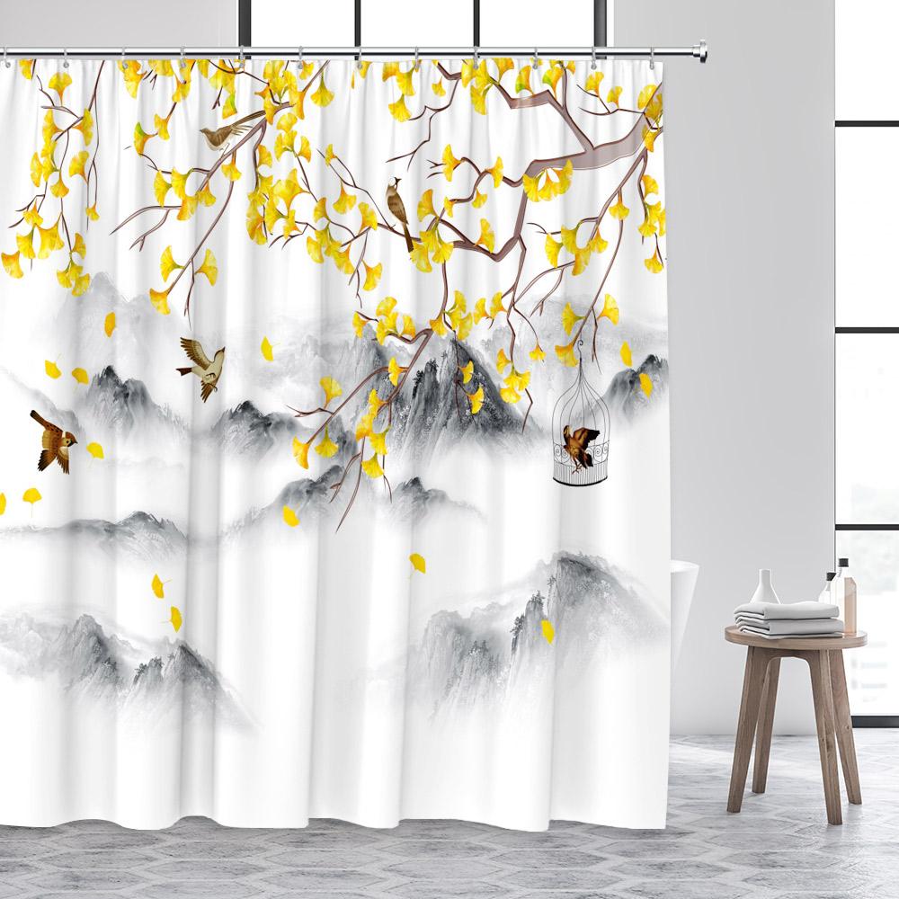 Japanese Style Shower Curtain Sea Wave Cherry Blossom Floral Ink Bamboo Mountain Scenery Bathroom Curtains Polyester Home Decor