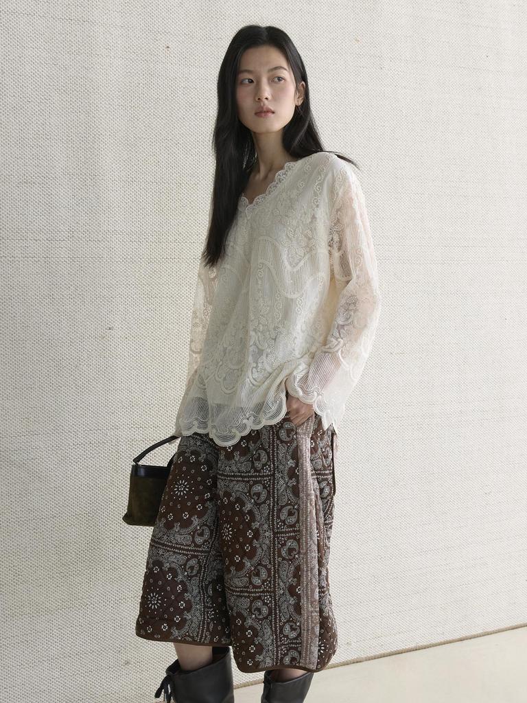 Elegant 3D Embroidered Lace V-Neck Double-Layer See-Through Top for Women