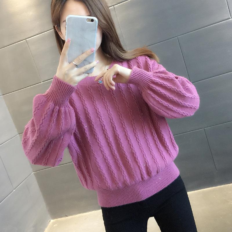 Temperament simple style solid color round neck lantern sleeve sweater spring and autumn fashion outer wear knitted bottoming shirt women's
