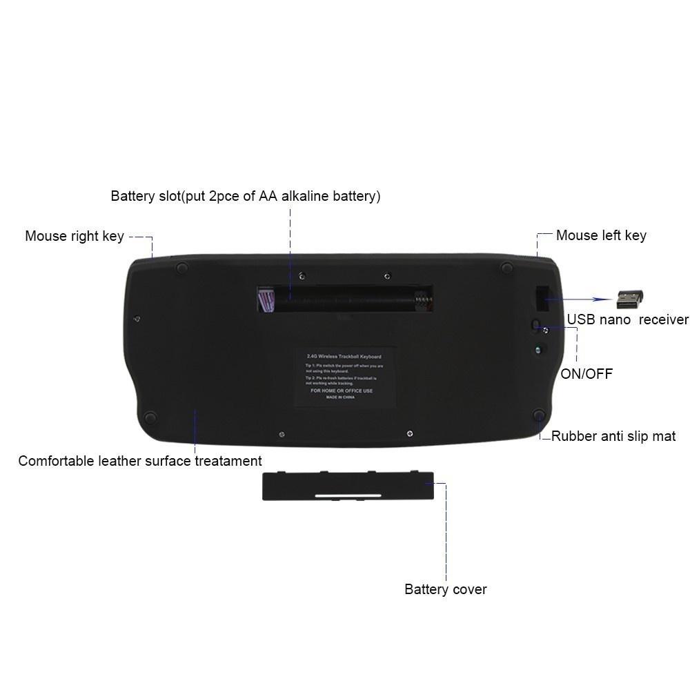 Russland/Spanien 2,4 G kabellose Trackball-Tastatur mit Trackball und Scrollrad, Mini-USB-Tastatur für Laptop, TV-Box, Computer