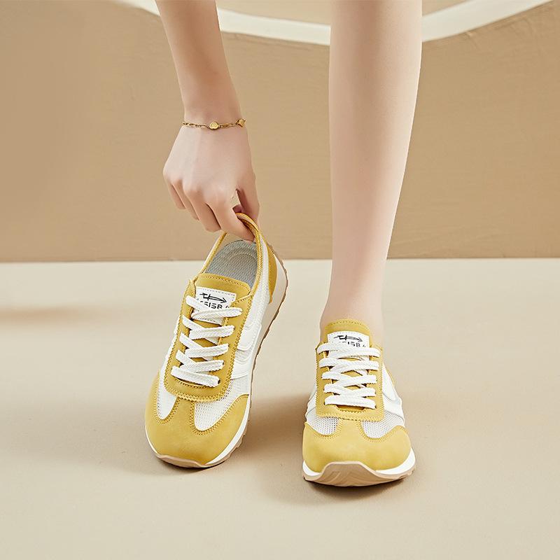 Gelbe Damen Frühling Sommer neue Retro atmungsaktive Mesh Zehenfrei kleine Sportliche flache Freizeitschuhe