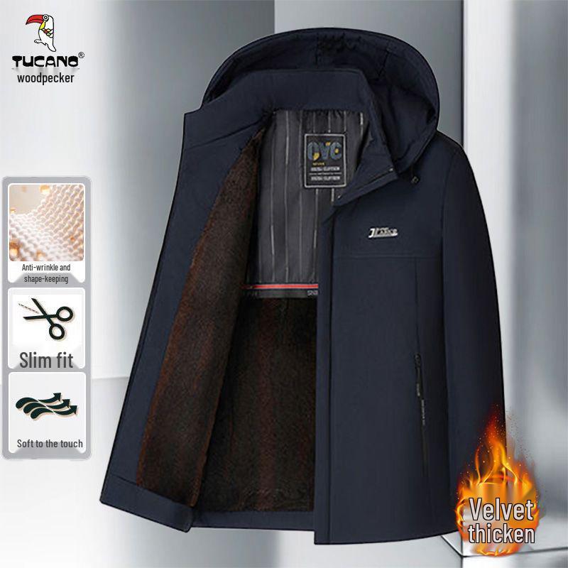 

Woodpecker Men s Winter Jacket: Middle-Aged & Elderly Thick Velvet-Lined, Casual, Warm Cotton Dad s Coat 195 (Under 100 kg) темно-синього кольору