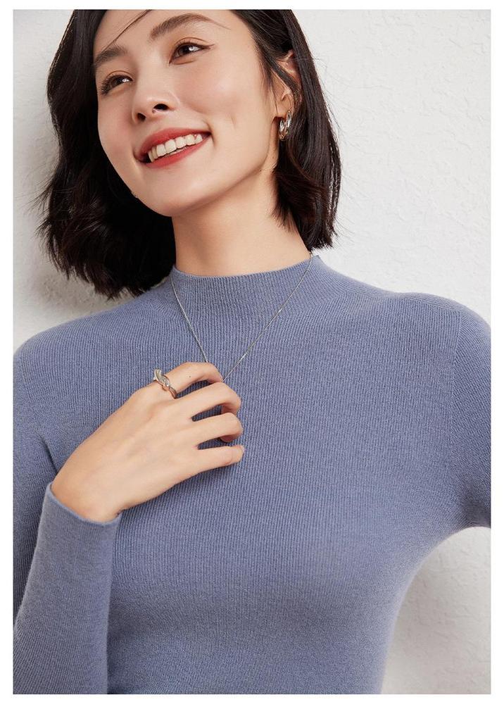 Machine Washable Fine-Spun Wool Sweater: 2026 Autumn/Winter Women's Slim Fit Knit with Half-High Collar.