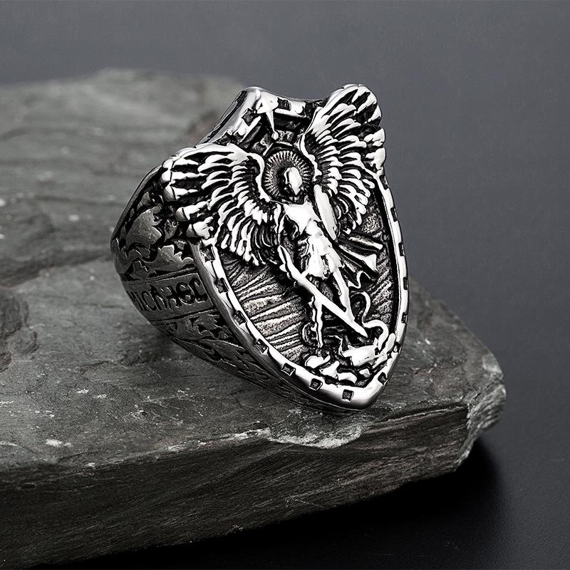 New Jewelry Archangel Michael Ring for Men Gold black color 316L Stainless Steel Band Male Gift Jewelry