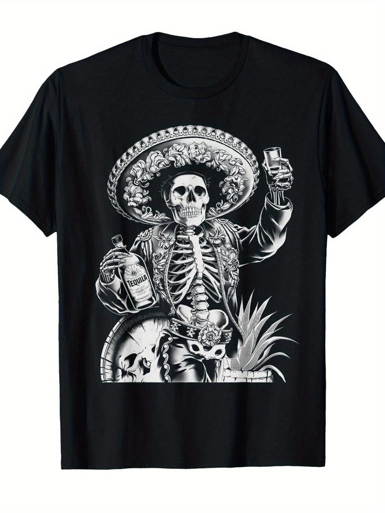 Vintage Mexican Day of The Dead T-Shirt Tequila Skeleton Calavera Design Short Sleeve Shirt for