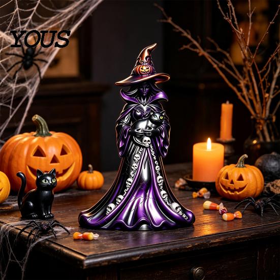 Black Cat Statue Halloween Witch Figurine, Resin with Pumpkin, Retro Figurine Sculpture, Gothic Tabletop Ornament for Party Display And Seasonal