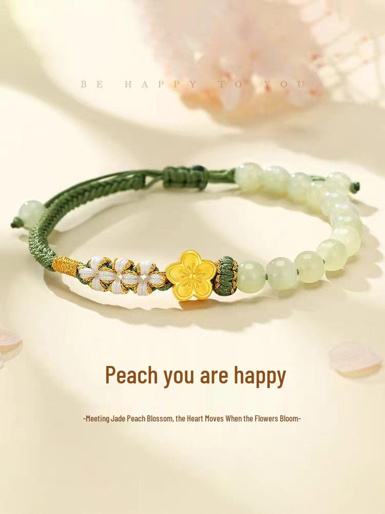 Vietnam Gold Sand Peach Blossom Bracelet for Women: Woven Rope with Imitation Hetian Jade - Perfect Gift for Bestie