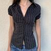 Fashion Striped Shirt Women's Summer New Contrasting Color Short-sleeved Breasted Cardigan Slim Commuter Top Women