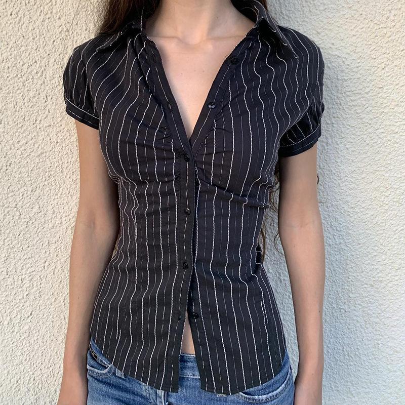 Fashion Striped Shirt Women's Summer New Contrasting Color Short-sleeved Breasted Cardigan Slim Commuter Top Women