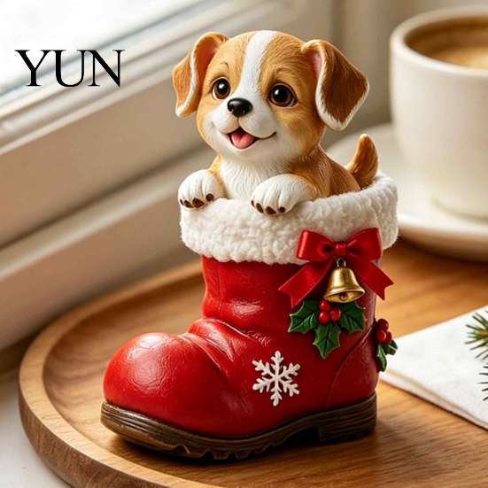 Seasonal Living Room Accents Christmas Puppy in Santa Boot Resin Figurine, Cute Dog Holiday Tabletop Decor with Ornaments Bow Bell Holly, Festive Home